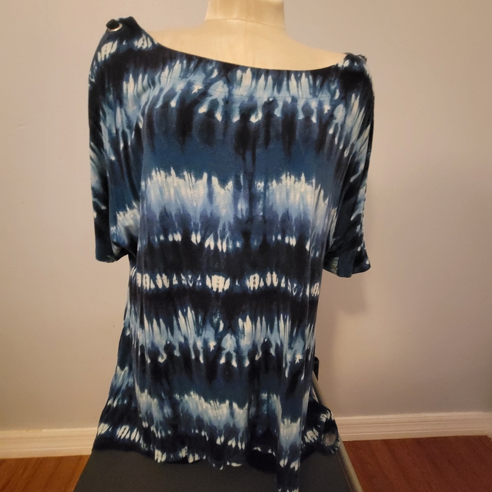 Always Indigo Tie Dye Blue White Cold Shoulder Grommet 1X Stretch Boat Neck Top